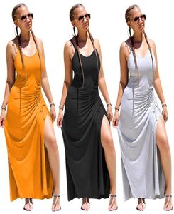 Europese en Amerikaanse buitenlandse casual jurken DERSS Trade Supply Model Sexy Solid Color Slit Pleated7159002