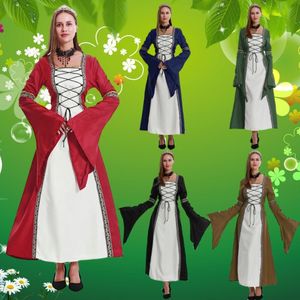 Europese en Amerikaanse Halloween Vintage Medieval Hooded -jurk Square ketting Flaufende mouw Big Rok Stage Performance kostuum