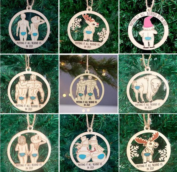 Mettre tout derrière nous en 2021, ornement en bois, décorations d'arbre de noël, pendentif en bois creux, Couple bonhomme de neige, ornements décoratifs