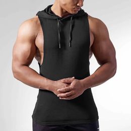 Européen et américain grande taille Muscle hommes Fitness Sports 100 coton couleur unie sans manches pull gilet à capuche chapeau corde 240220