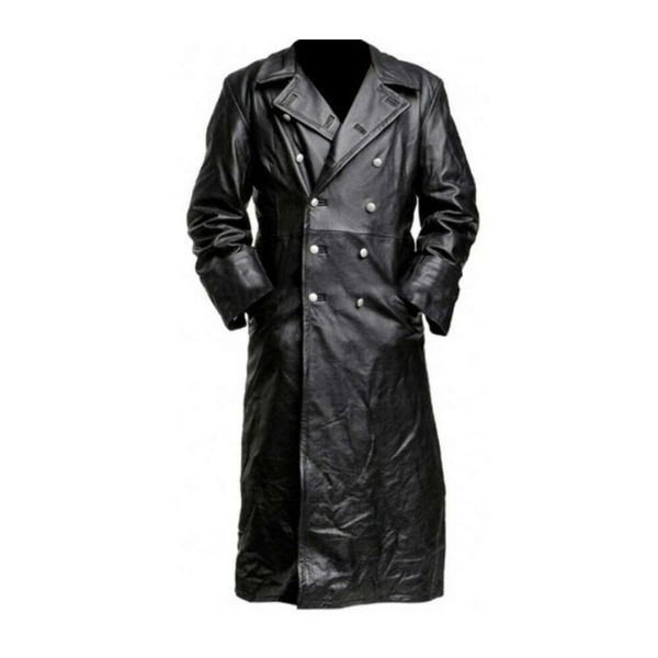 Trench-coat en cuir long de grande taille européen et américain pour hommes avec veste en cuir à double boutonnage, manteau en cuir militaire allemand pour hommes