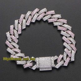 Europese en Amerikaanse hiphop iced out cz diamant ingelegd heren armband bar Cubaanse armband roze en wit gekleurde diamanten 14mm armband