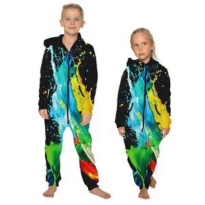 Europese en Amerikaanse nieuwe 3D-kleureninkt digitale afdrukken Kinderkleding Losse Hooded Fleece Jumpsuit Broek Creatieve Trui Broek