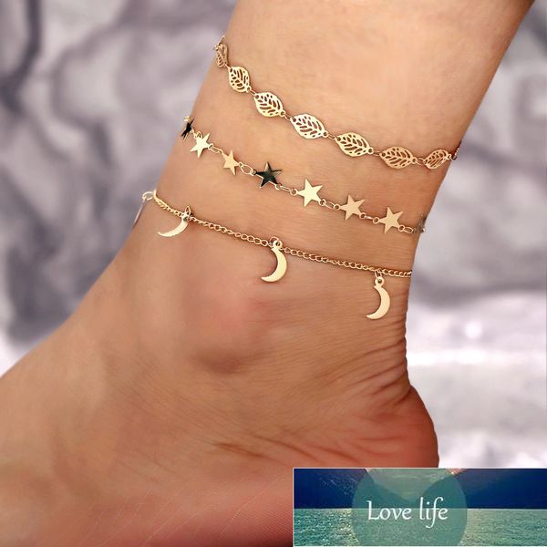 Ensemble de bracelets de cheville créatifs rétro Simple, étoile, lune, feuille creuse, ensemble de 3 pièces, bijoux pour femmes, européen et américain