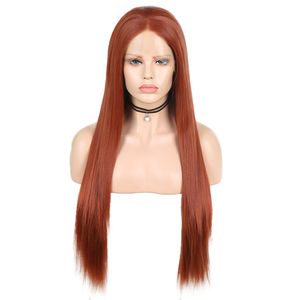 Europese en Amerikaanse nieuwe stijl 350 # Bruine rode chemische vezels voorkant van kanten pruikhoofd set lange rechte haar natuurlijke haarlijn