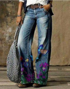 Europese en Amerikaanse oversized casual damesbroek met wijde pijpen, artistieke jeans met bloemenpatroon