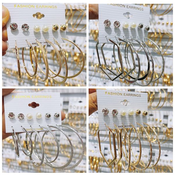 Boucles d'oreilles en alliage de perles européennes et américaines, ensemble de lustre, vente en gros, 6 paires de boucles d'oreilles combinées en cercle géométrique, bijoux de fête pour maman