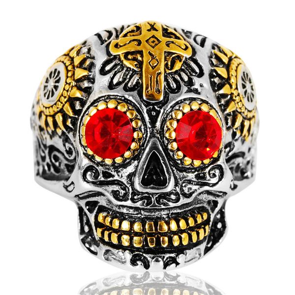 Anillo de calavera de acero de titanio retro europeo y americano, joyería punk, religión, acero inoxidable, cabeza de fantasma, ojo verde, ojo rojo, anillo para hombre