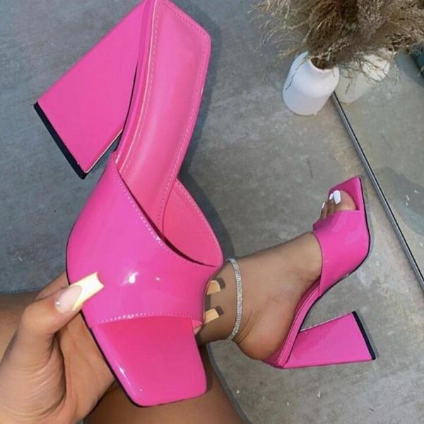 Européennes et américaines sexy bonbons talons colorés pantoufles bouche de poisson épais talon haut boucle ligne droite chaussures à talons hauts pour femmes