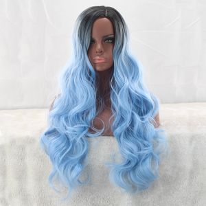 Cosplay Blue Deep Wave Synthetische pruiken Party Wig Ombre Color Body Wave kleuring gradi￫nt lange krullende haarmode