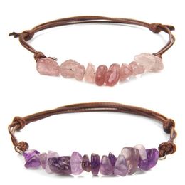 Pulsera tejida de cuerda de cuero de grava natural Pulsera de cuentas de piedra de chakras bohemios