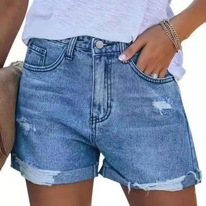 Europese en Amerikaanse stijl zomer denim shorts voor dames handgemaakte gerafelde hoge taille comfortabele casual jeans 240402
