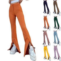 Europese en Amerikaanse stijl Vrouwen modieus ademende middelgrote lange broek Elegant en veelzijdig kantoor en vrije kleur split wijd uitlopende broek Ast8449