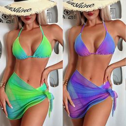 Maillot de bain européen et américain pour femmes, ensemble trois pièces fendu en dégradé, imprimé tie-dye, maillot de bain bikini