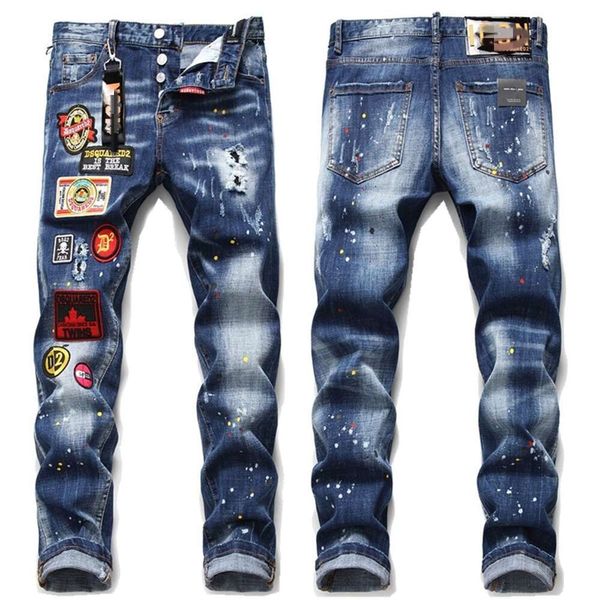 Marca de moda europea y americana D2 Patrón de emblema personalizado Jeans elásticos bordados Pintura de moda para hombres Salpicaduras Pantalones ajustados