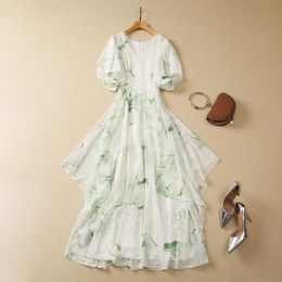 Europese en Amerikaanse dameskleding 2023 zomer nieuwe korte mouw V-hals print groene mode ruches geplooide jurk