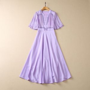 Ropa de mujer europea y americana, novedad de verano 2023, cuello en V, manga corta, cuentas pesadas, clavos, moda, vestido morado plisado XXL