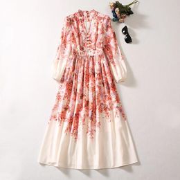 Europese en Amerikaanse dameskleding 2023 Herfst nieuwe v-hals met lange mouwen roze print mode geplooide jurk xxl