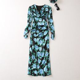 Europese en Amerikaanse dameskleding 2023 Herfst nieuwe paalkraag met lange mouwen Blue Rose Print Fashion Dress XXL
