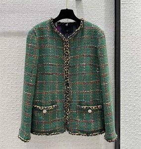 Europese en Amerikaanse dameskleding 2023 Herfst nieuwe ronde nek lange mouwen groene geruite mode de tweed -jas
