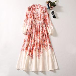 Europese en Amerikaanse dameskleding 2023 herfst nieuwe lange mouw V-hals roze print mode geplooide jurk XXL