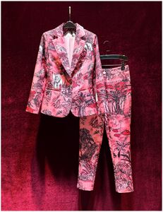 Vêtements pour femmes européennes et américaines, nouvelle veste à manches longues avec col imprimé rose, neuvième pantalon, costume à la mode, automne 2023