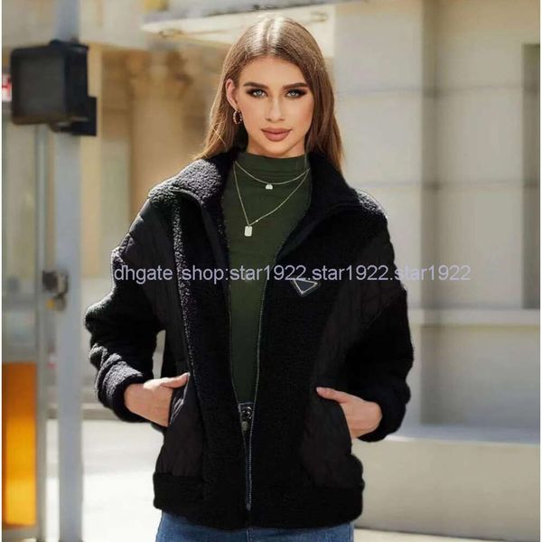 Vêtements pour femmes européennes et américaines automne et hiver nouvelle mode Prrrr lettre marque Triangss inversé Cardigan à manches longues fermeture éclair en peluche Patchwork manteau pour femmes