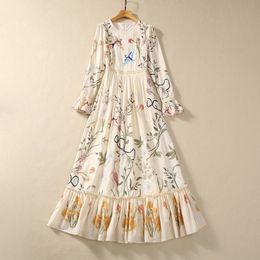 Robe plissée en coton pour femmes européennes et américaines, col rond, manches longues, impression de perles d'oiseaux, mode hiver 2023