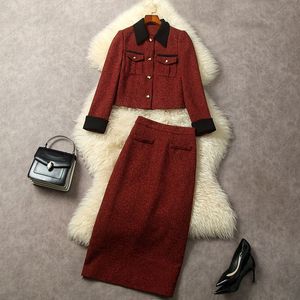 Robe européenne et américaine pour femmes, manteau en tweed rouge à simple boutonnage, manches longues et jupe à revers, nouvelle collection hiver 2023