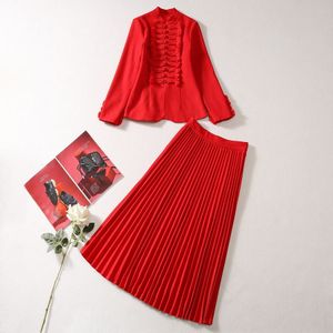 Europese en Amerikaanse vrouwen jurk 2023 winter nieuwe Lange mouwen disc knop wollen jas Rode plooirok Mode pak