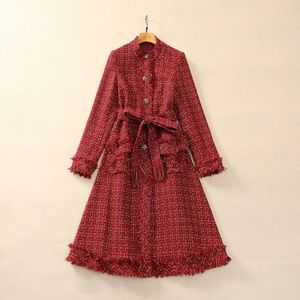 Robe européenne et américaine pour femmes, manteau en Tweed XXL, manches longues, simple boutonnage, ceinture rouge, à la mode, nouvelle collection hiver 2024