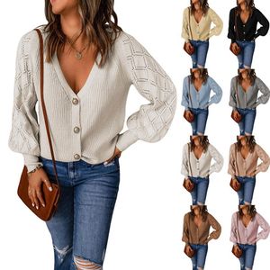 Pulls pour femmes européennes et américaines automne nouvelle couleur unie diamant à carreaux bulle manches tricots manteau femmes lâche simple boutonnage cardigan pull