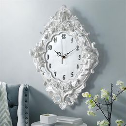 Reloj de pared de Ángel europeo, flor rosa de resina y relojes clásicos para estilo, sala de estar, dormitorio, reloj de Ángel de resina de Cupido silencioso, regalo 307z