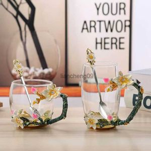 Europese aristocratische stijl Emaille Glas mok Thee Kopje Koffie Mok Gele bloemen Geschilderde Bloem Water Cups Helder Glas mokken L230620