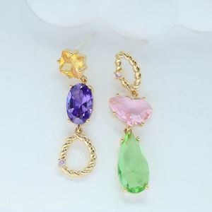 Boucles d'oreilles pendantes haut de gamme pour femmes élégantes de marque européenne Boucles d'oreilles en pierres précieuses colorées plaquées or 18 carats Charmantes boucles d'oreilles en zircon 3A pour femmes Bijoux de fête de mariage