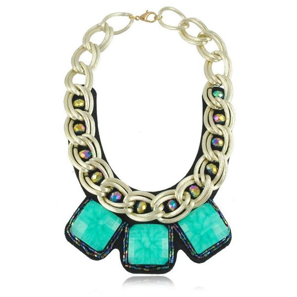 Cadena gruesa europea chapada en oro, collar con pechera llamativa con gema de resina cuadrada exagerada para mujer 2300