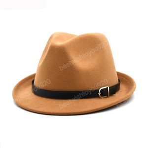 Sombrero de fieltro clásico europeo para hombres y mujeres, sombrero Trilby de vaquero, sombrero de Jazz de Iglesia Homburg con cinturón