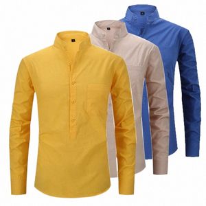 Code européen printemps et automne chemise en lin pour hommes 100% cott col montant décontracté manches LG iring gratuit couleur unie a4WJ #