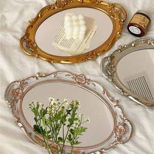 European Decorative Plate Storage Tray Oval Plate Jewelry Display Rotary Candy Decor Tray Mirror Decorative Make Up Mirror 220719