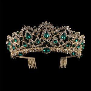 European Drop Green Red Crystal Tiaras Vintage Gold Rhinestone Pageant Crowns With Comb Baroque Wedding Hair Accessories