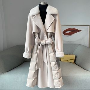 Edición europea nuevo abrigo de lana con cuello de visón diseñador otoño invierno abrigo de nailon de doble cara elegante moda cálida gabardina larga de alta calidad