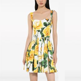 Mini robe en coton à imprimé floral jaune, marque de mode européenne, taille froncée, slip