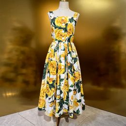 Europese modemerk katoenen gele bloemenprint midii-jurk met gerimpelde taille