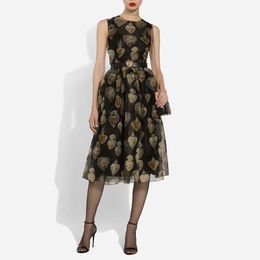 Robe midi en soie noire, marque de mode européenne, imprimé floral sacré cœur, sans manches, taille froncée