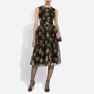 Europees modemerk zijden zwarte Sacred Heart bloemenprint mouwloze midi-jurk met geplooide taille