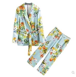 Europese mode Nieuw ontwerp Vakantiestijl Dames Bloemprint Sashes Blazer Suit en een lange broek Pak Casual Twinset