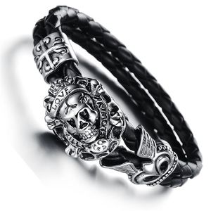 Moda europea Punk Skull Night Club pulsera de cuero de vaca auténtico de acero inoxidable pulsera para hombre joyería regalo 303g