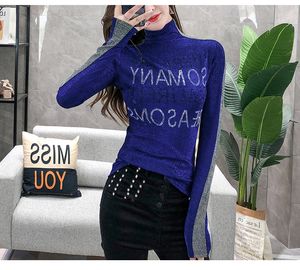 Europese mode vrouwen coltrui lange mouwen bodycon tuniek tees strass gepatchte letters patroon shirts SMLXLXXL3XL