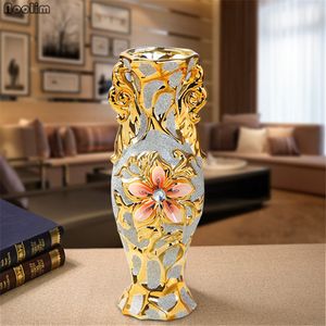 Vase en porcelaine givré plaqué or européen Vase à fleurs en céramique avancé Vintage ornements de salon décor de mariage à la maison cadeau