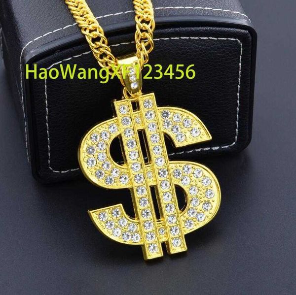 Bijoux Hip Hop européens plaqué or 18 carats, chaîne cubaine, plaqué argent, strass, signe Dollar, pendentif